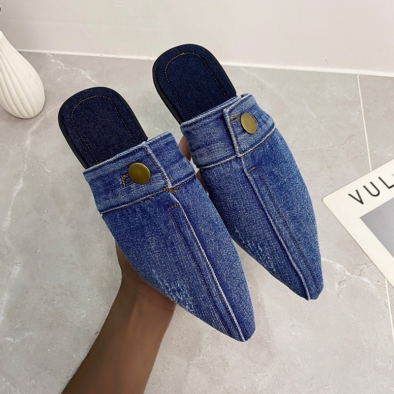 Blue Denim jeans Slippers Pointed Toe Slides Mules Slip On Flats Simple Shoes