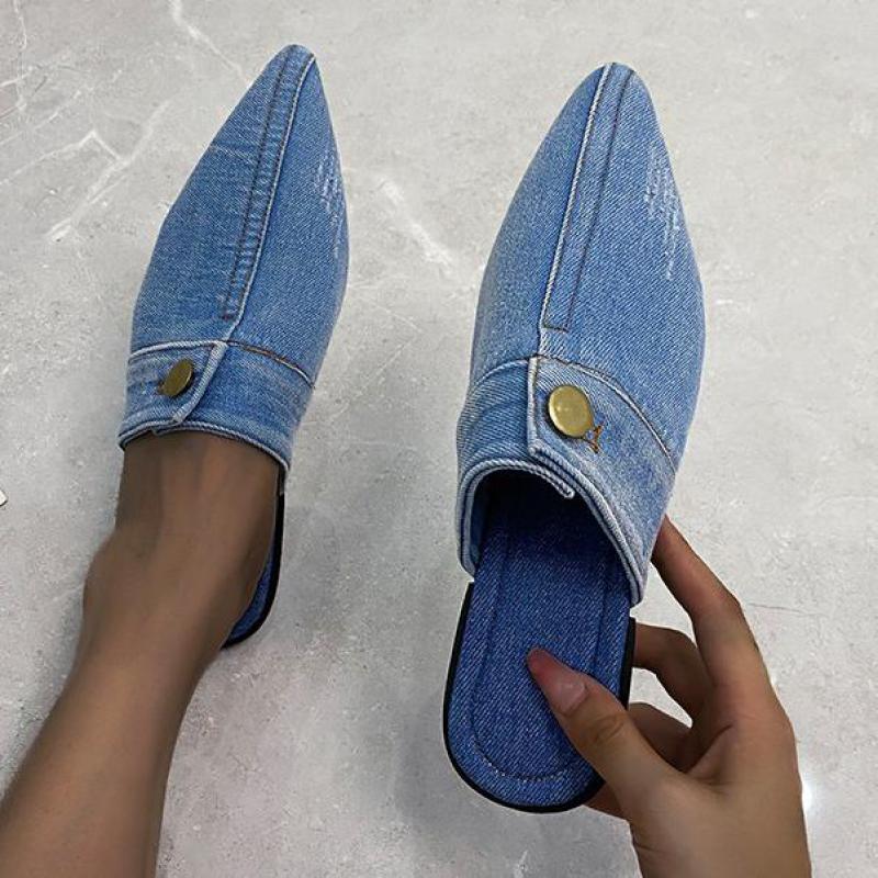 Blue Denim jeans Slippers Pointed Toe Slides Mules Slip On Flats Simple Shoes