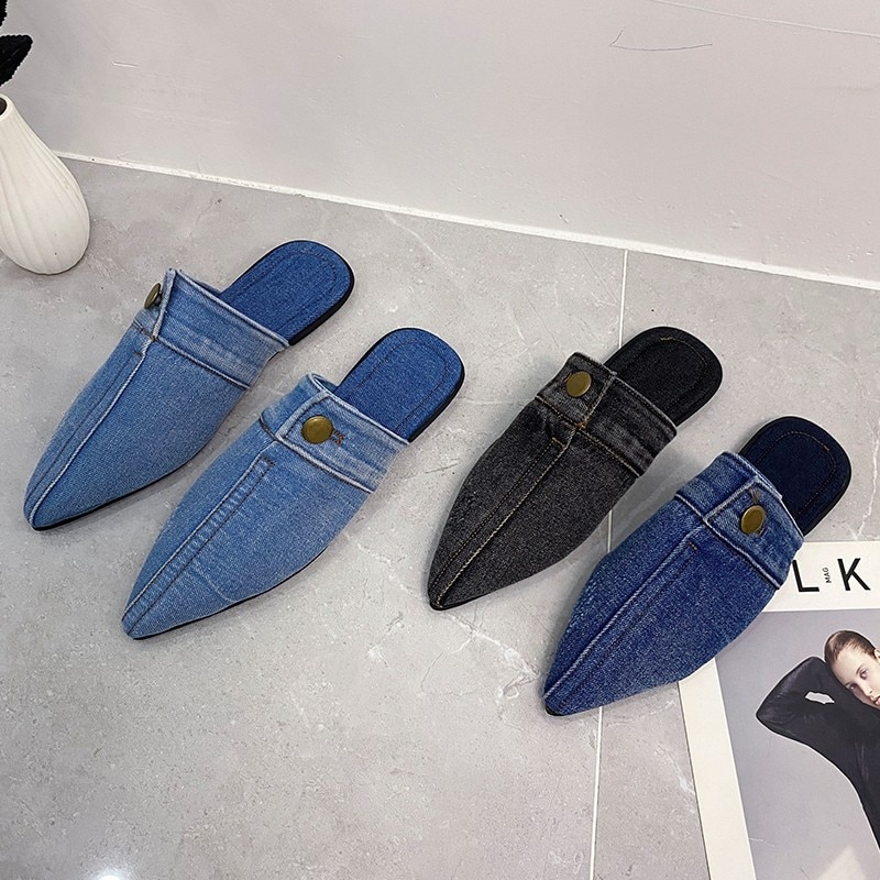 Blue Denim jeans Slippers Pointed Toe Slides Mules Slip On Flats Simple Shoes