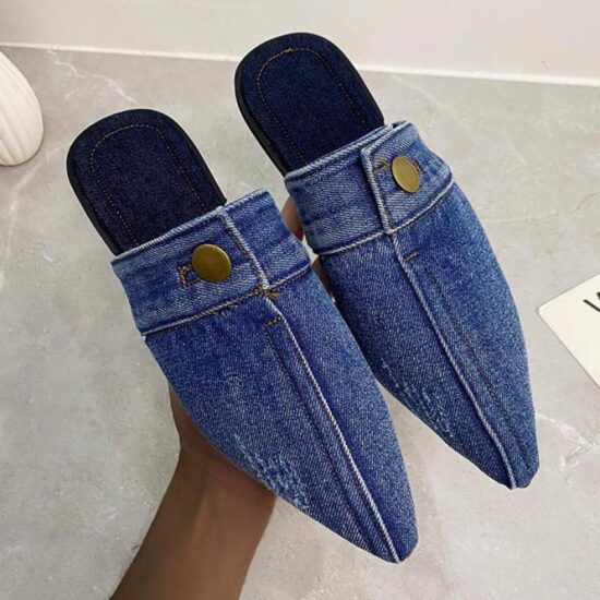 Blue Denim jeans Slippers Pointed Toe Slides Mules Slip On Flats Simple Shoes