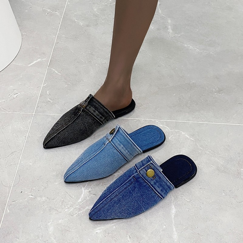 Blue Denim jeans Slippers Pointed Toe Slides Mules Slip On Flats Simple Shoes