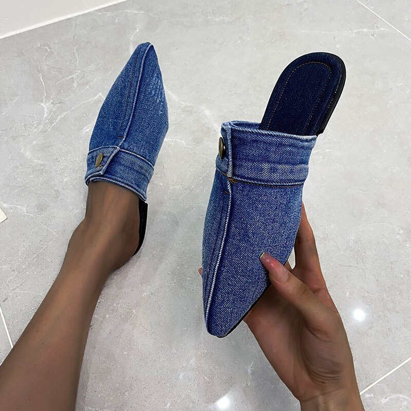Blue Denim jeans Slippers Pointed Toe Slides Mules Slip On Flats Simple Shoes