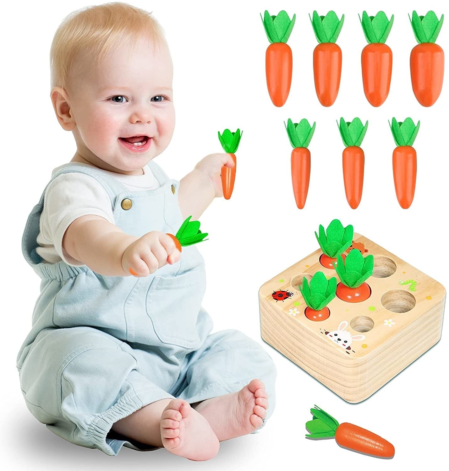 Pull Carrot Set Wooden Toy Shape Matching Puzzle Kids Wood Game Educational Montessori Toys For Children