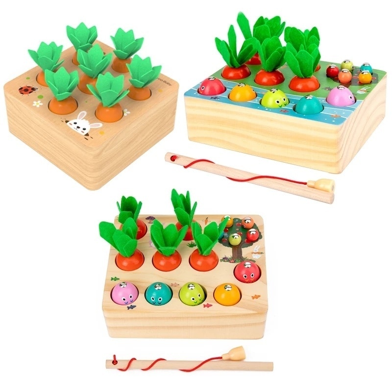Pull Carrot Set Wooden Toy Shape Matching Puzzle Kids Wood Game Educational Montessori Toys For Children