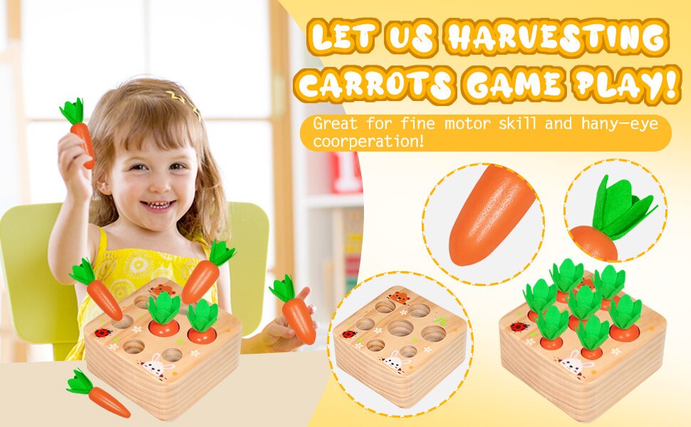Pull Carrot Set Wooden Toy Shape Matching Puzzle Kids Wood Game Educational Montessori Toys For Children