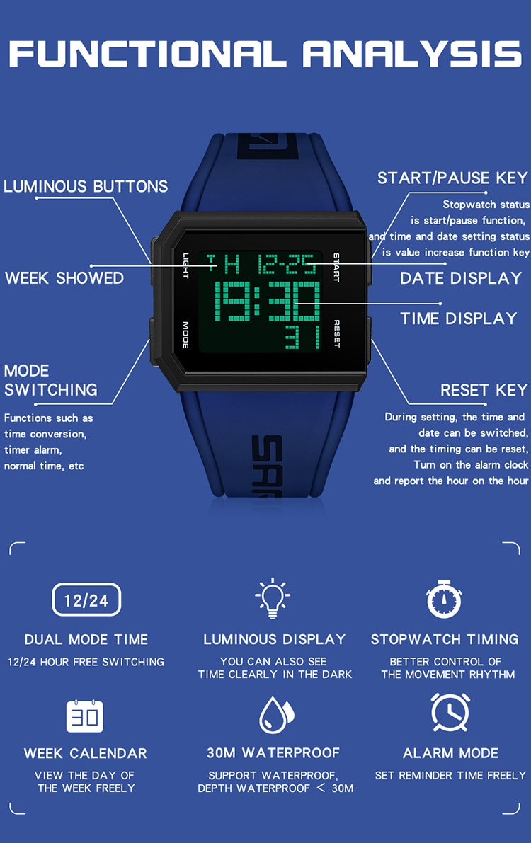 Digital Watch Chronograph Sport Electronic Bracelet 50M Waterproof Wristwatch Alarm Clock Watches