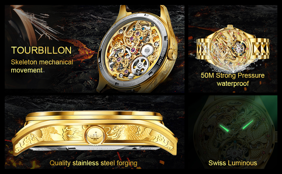 Gold Watch Dragon Royal Sapphire Mirror Skeleton Watch Automatic Mechanical Tourbillon Watches Waterproof