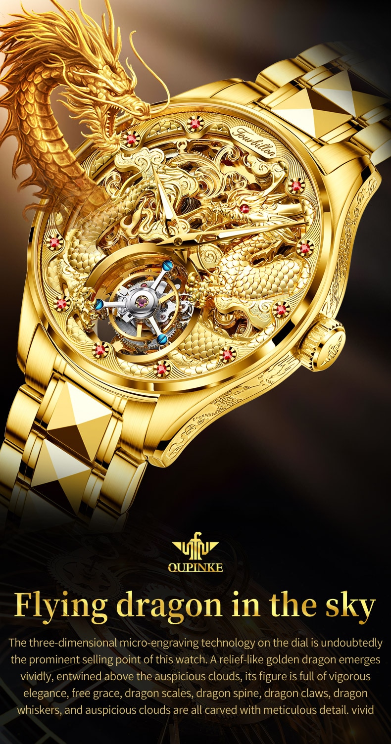 Gold Watch Dragon Royal Sapphire Mirror Skeleton Watch Automatic Mechanical Tourbillon Watches Waterproof