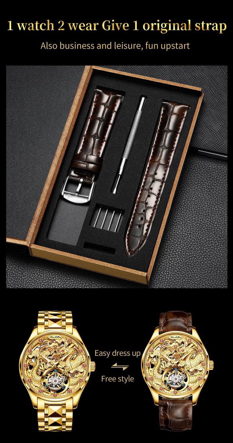 Gold Watch Dragon Royal Sapphire Mirror Skeleton Watch Automatic Mechanical Tourbillon Watches Waterproof
