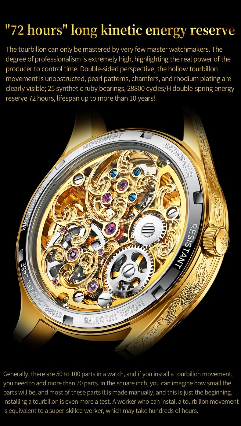 Gold Watch Dragon Royal Sapphire Mirror Skeleton Watch Automatic Mechanical Tourbillon Watches Waterproof
