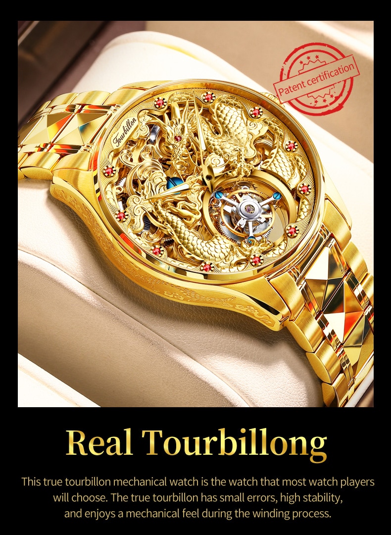 Gold Watch Dragon Royal Sapphire Mirror Skeleton Watch Automatic Mechanical Tourbillon Watches Waterproof
