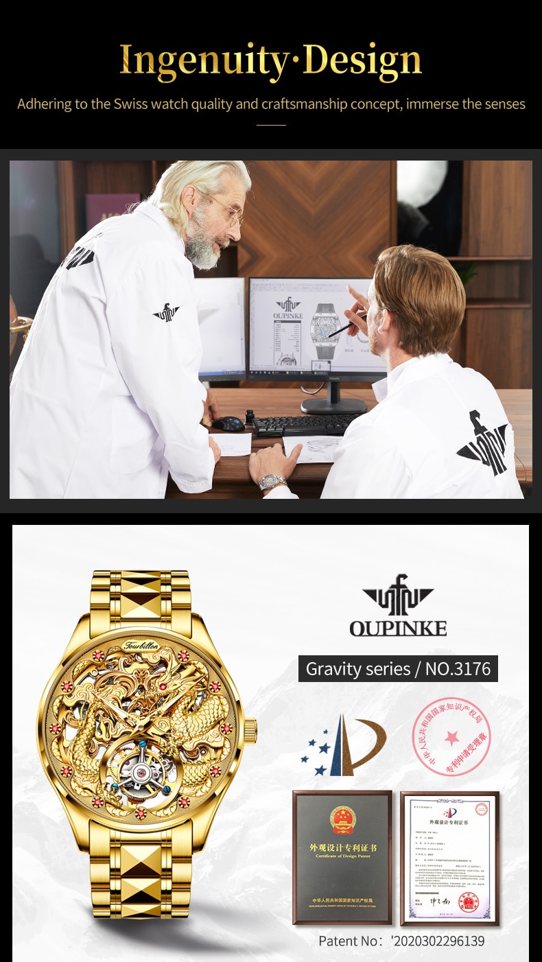 Gold Watch Dragon Royal Sapphire Mirror Skeleton Watch Automatic Mechanical Tourbillon Watches Waterproof