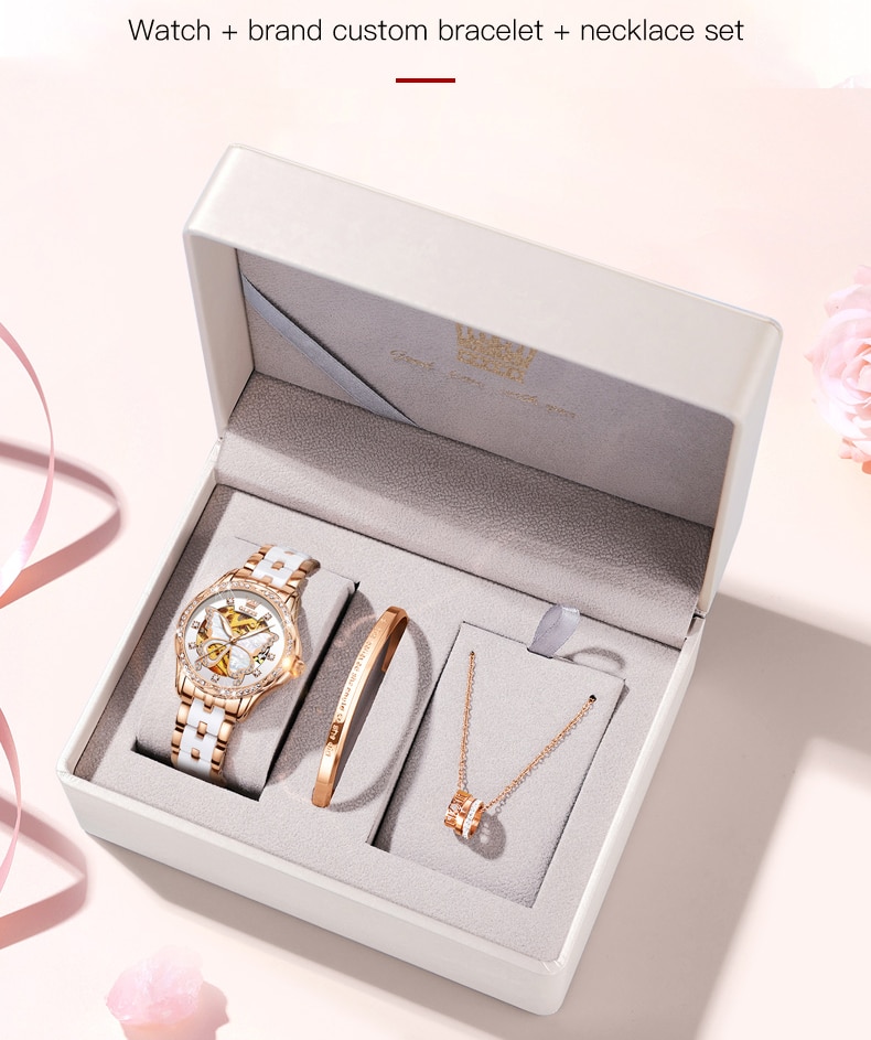 Watch for Women Automatic Luxury Mechanical OLEVS Original Waterproof Diamond Skeleton Rose Gold Ceramic Watches Ladies Gift Set