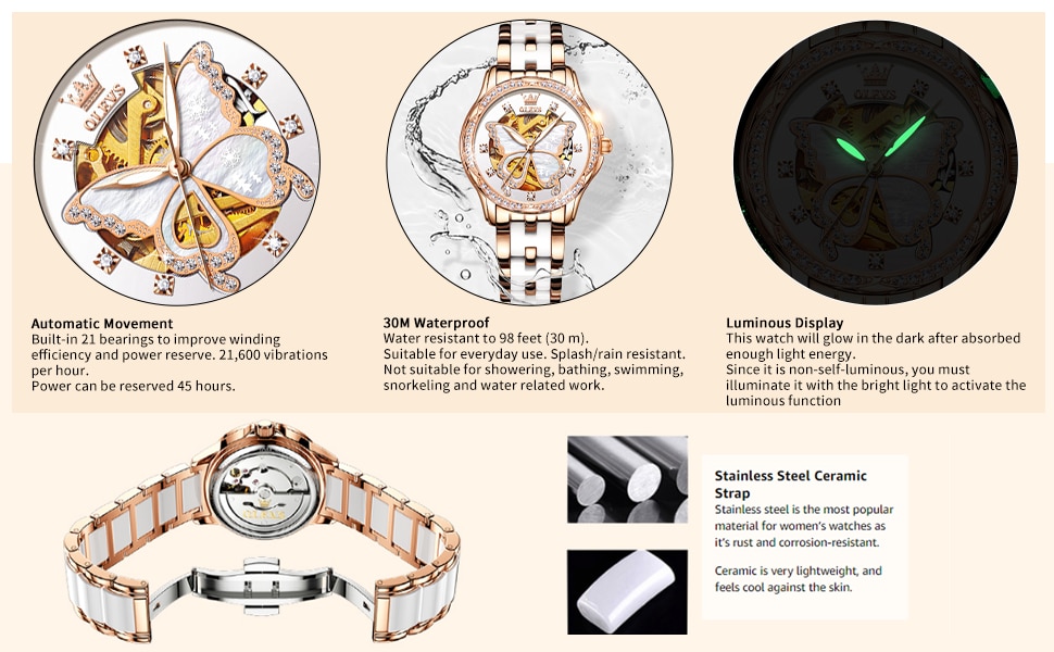 Watch for Women Automatic Luxury Mechanical OLEVS Original Waterproof Diamond Skeleton Rose Gold Ceramic Watches Ladies Gift Set