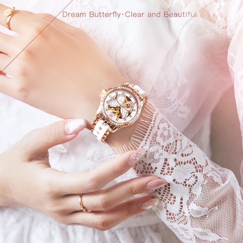 Watch for Women Automatic Luxury Mechanical OLEVS Original Waterproof Diamond Skeleton Rose Gold Ceramic Watches Ladies Gift Set