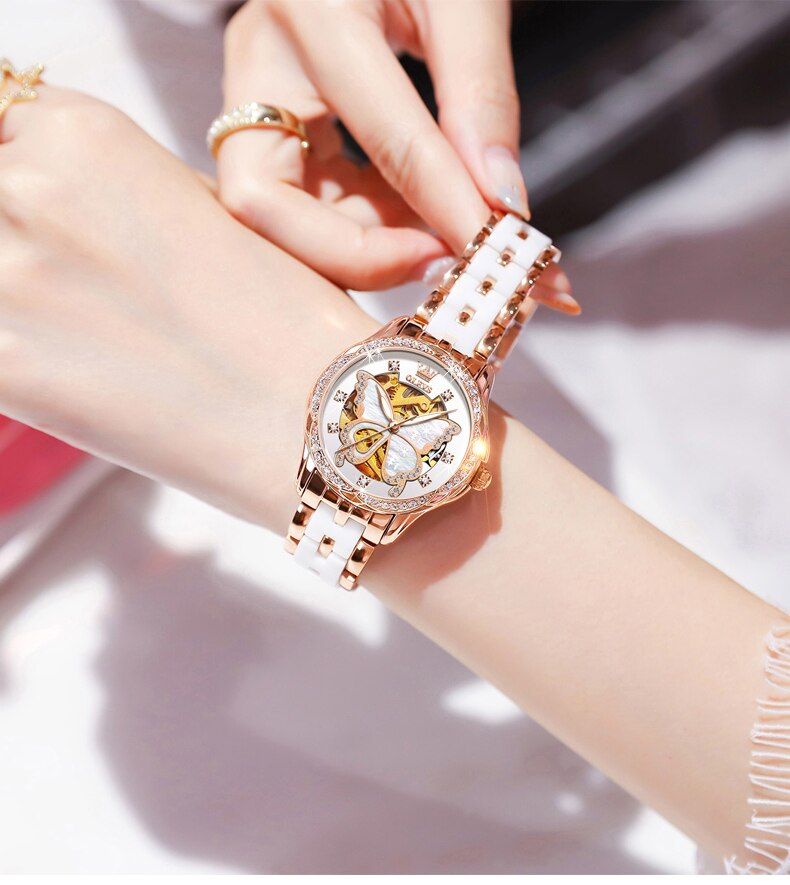 Watch for Women Automatic Luxury Mechanical OLEVS Original Waterproof Diamond Skeleton Rose Gold Ceramic Watches Ladies Gift Set
