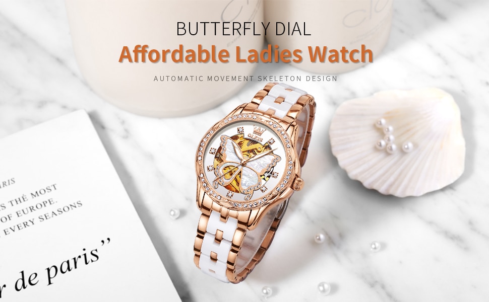 Watch for Women Automatic Luxury Mechanical OLEVS Original Waterproof Diamond Skeleton Rose Gold Ceramic Watches Ladies Gift Set