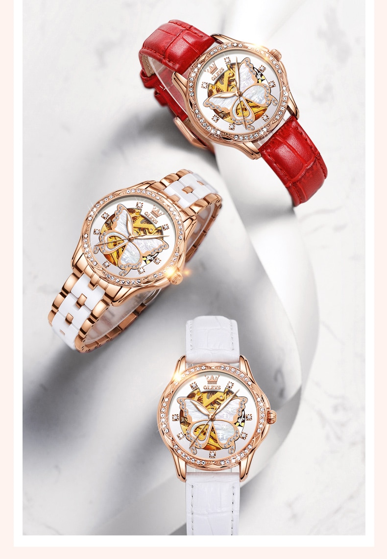 Watch for Women Automatic Luxury Mechanical OLEVS Original Waterproof Diamond Skeleton Rose Gold Ceramic Watches Ladies Gift Set