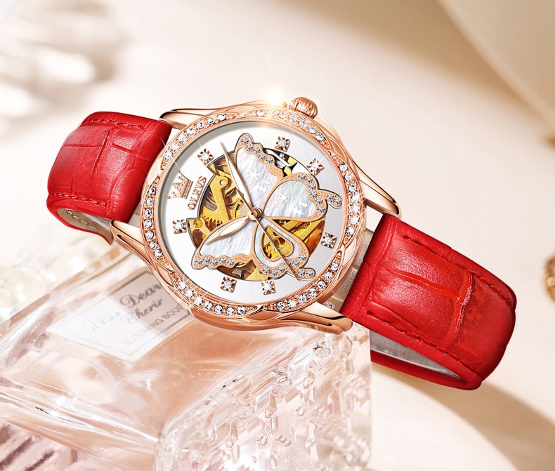 Watch for Women Automatic Luxury Mechanical OLEVS Original Waterproof Diamond Skeleton Rose Gold Ceramic Watches Ladies Gift Set