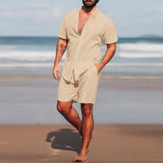 Hawaiian Set Summer Solid Color Stand Collar Short Sleeve Shirt&Beach Shorts Streetwear High Quality 2-Piece Set