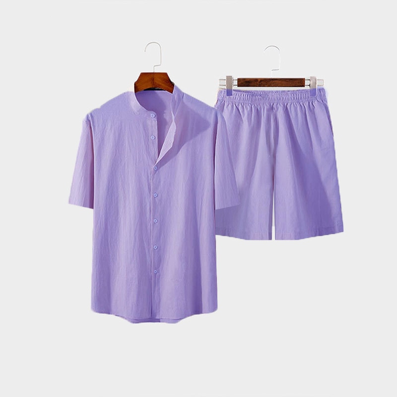 Hawaiian Set Summer Solid Color Stand Collar Short Sleeve Shirt&Beach Shorts Streetwear High Quality 2-Piece Set