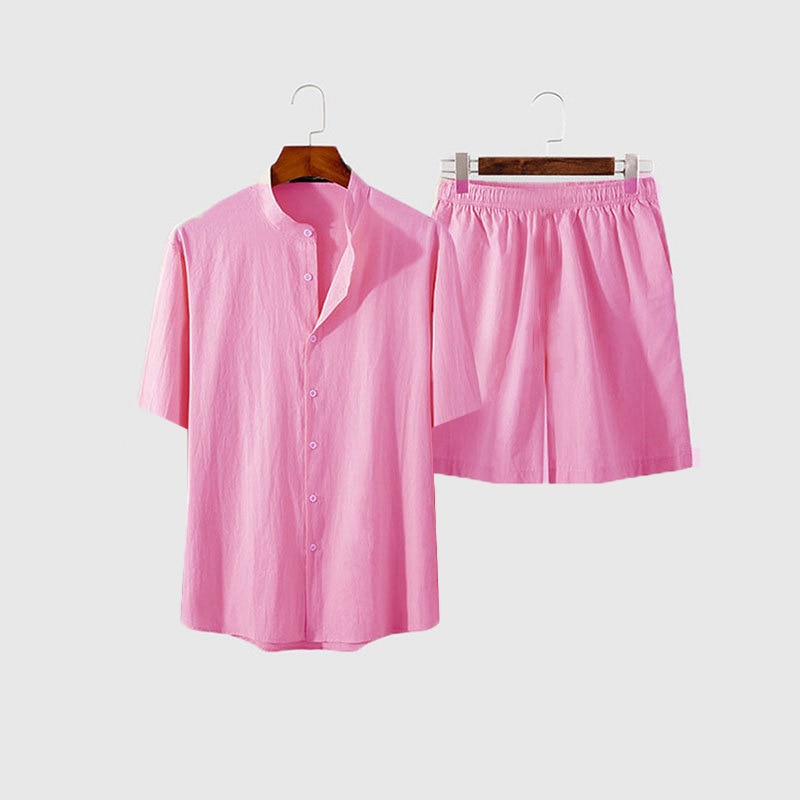 Hawaiian Set Summer Solid Color Stand Collar Short Sleeve Shirt&Beach Shorts Streetwear High Quality 2-Piece Set