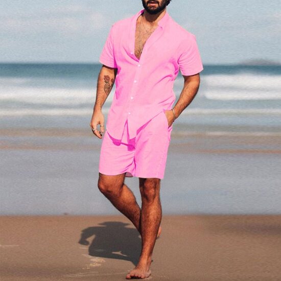 Hawaiian Set Summer Solid Color Stand Collar Short Sleeve Shirt&Beach Shorts Streetwear High Quality 2-Piece Set - Image 3