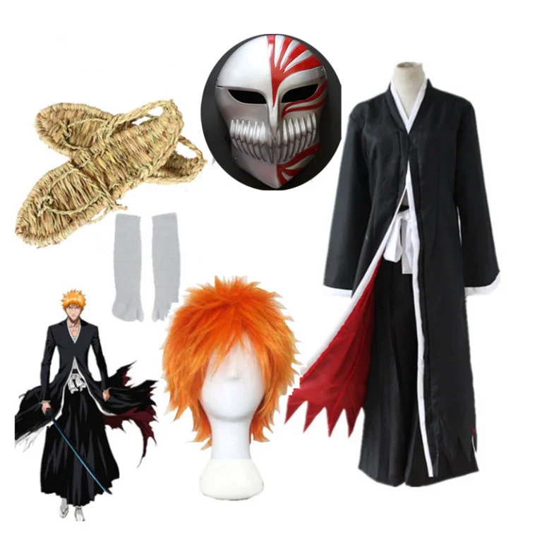 Anime Bleach Cosplay Costumes Ichigo Kurosaki Hollow Mask Wig Black Cloak With Straw Sandals Socks Tops And Pants Set