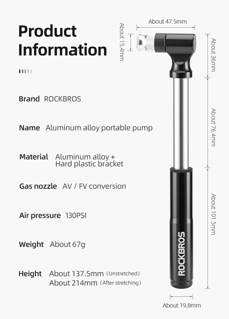 ROCKBROS Bicycle Pump130PSI Air Pump Aluminum Alloy Portable ROCKBROS Bicycle Pump130PSI Air Pump Aluminum Alloy Portable