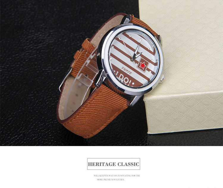 Famous Brand Stripe Star Casual Quartz Watch Fabric Lether Ladies Hour