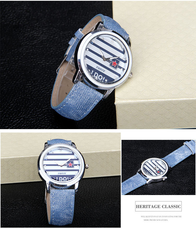 Famous Brand Stripe Star Casual Quartz Watch Fabric Lether Ladies Hour