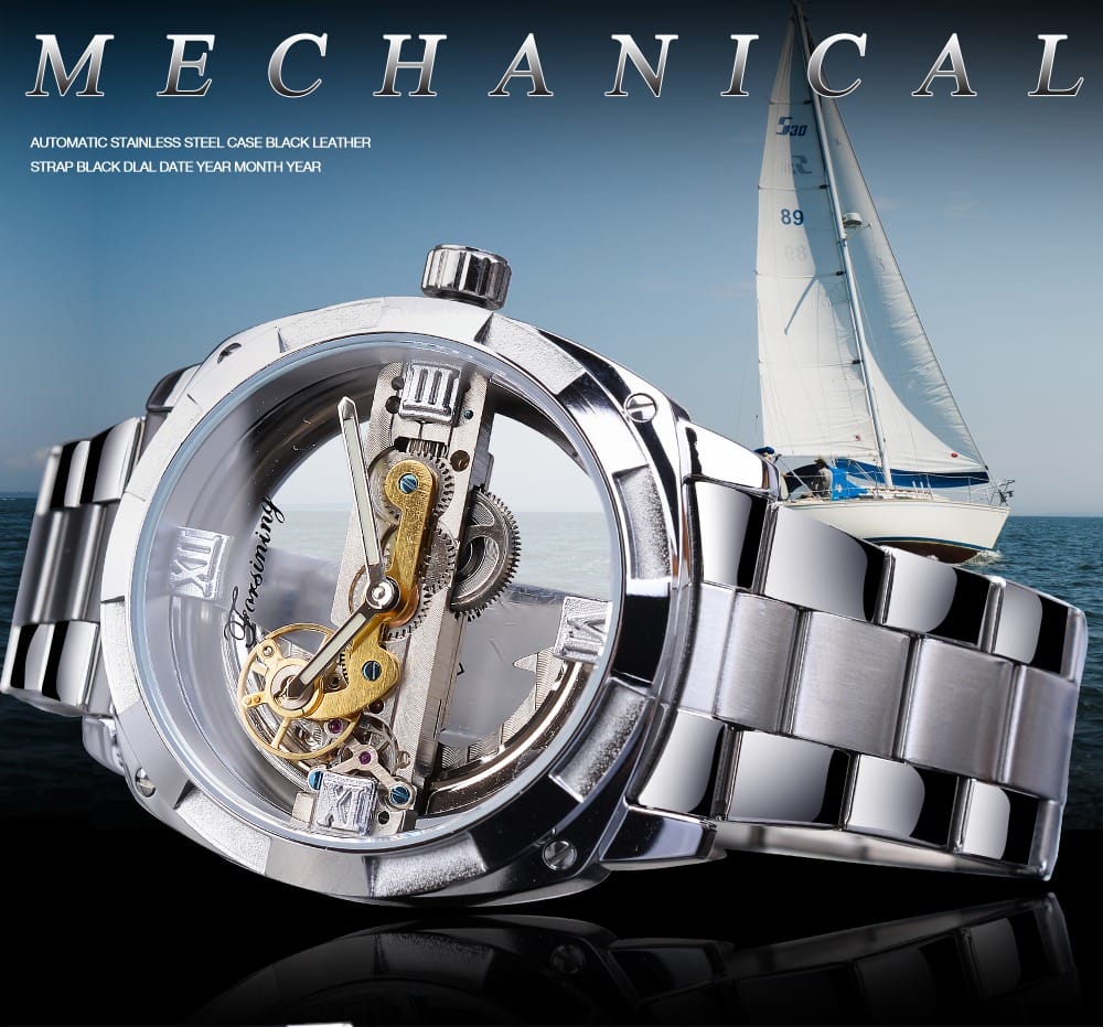 Forsining Men Transparent Design Mechanical Automatic Watch Stainless Steel Belts Clock