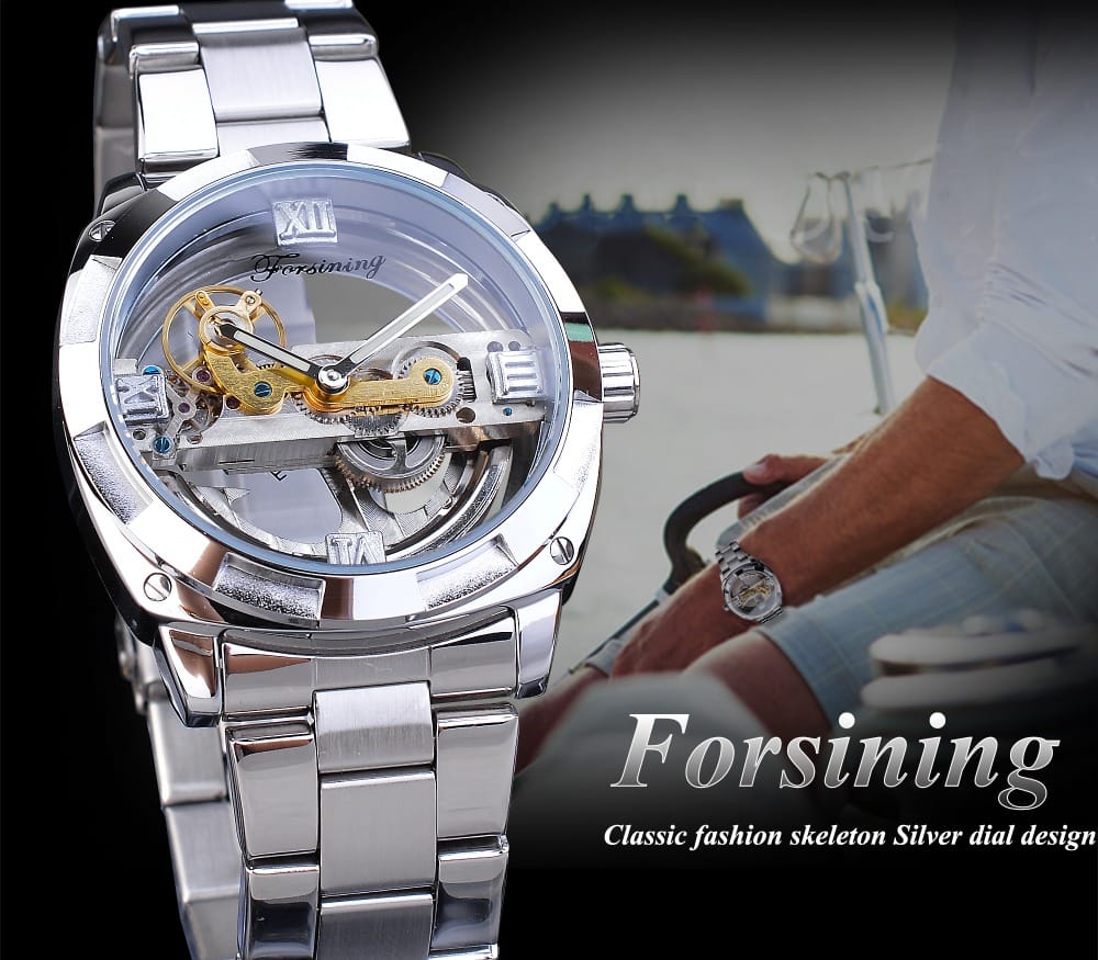 Forsining Men Transparent Design Mechanical Automatic Watch Stainless Steel Belts Clock