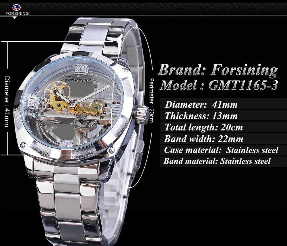 Forsining Men Transparent Design Mechanical Automatic Watch Stainless Steel Belts Clock