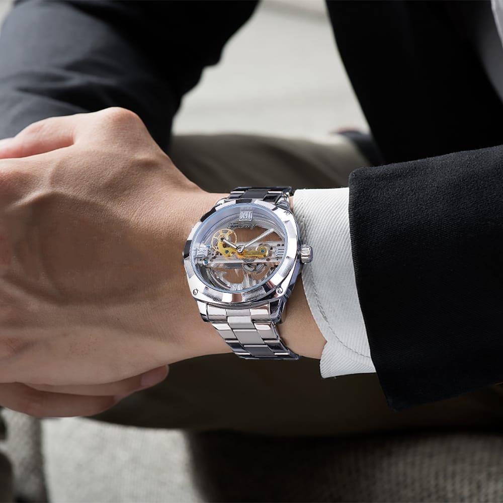 Forsining Men Transparent Design Mechanical Automatic Watch Stainless Steel Belts Clock
