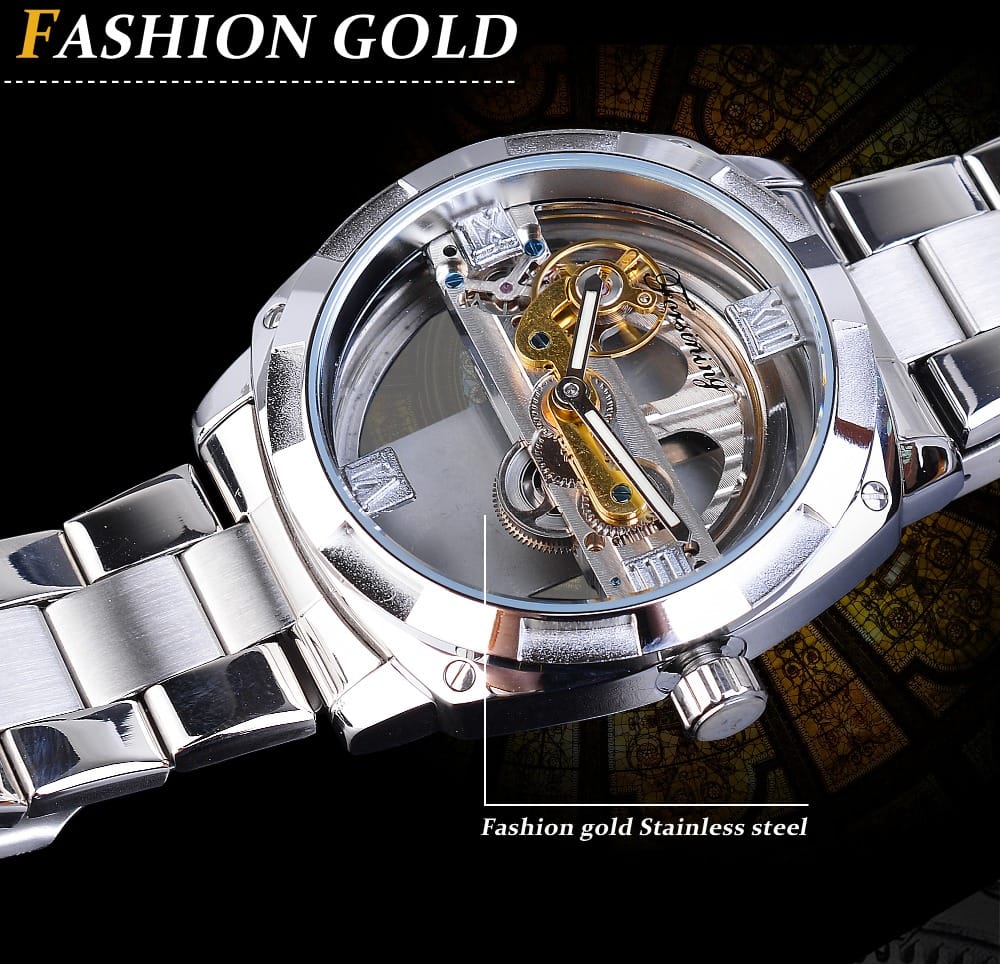 Forsining Men Transparent Design Mechanical Automatic Watch Stainless Steel Belts Clock