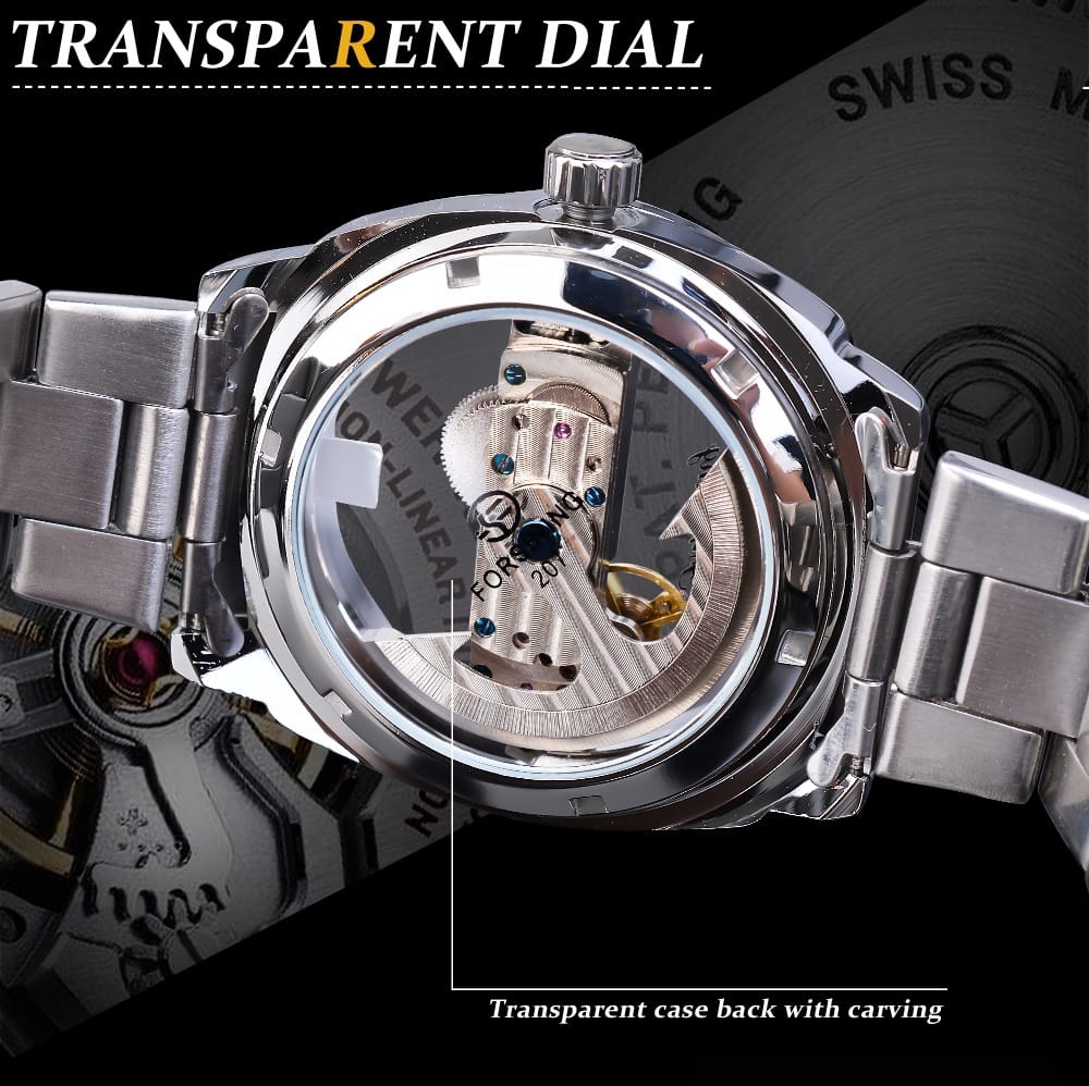 Forsining Men Transparent Design Mechanical Automatic Watch Stainless Steel Belts Clock