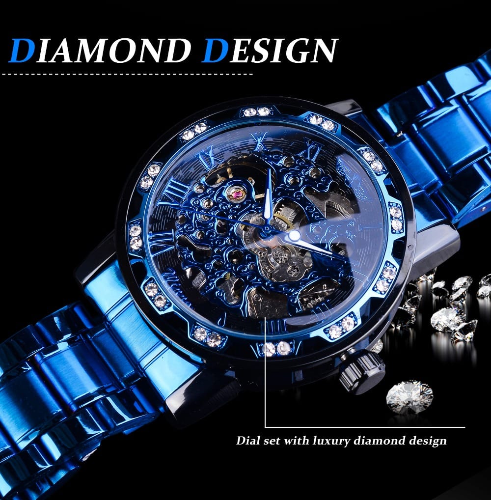 Winner Transparent Diamond Mechanical Watch Blue Stainless Steel Skeleton Watch Top Brand
