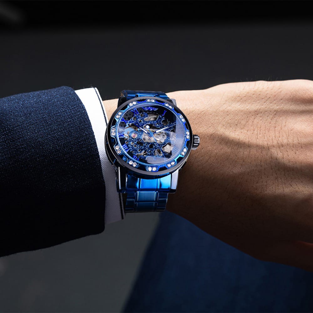 Winner Transparent Diamond Mechanical Watch Blue Stainless Steel Skeleton Watch Top Brand
