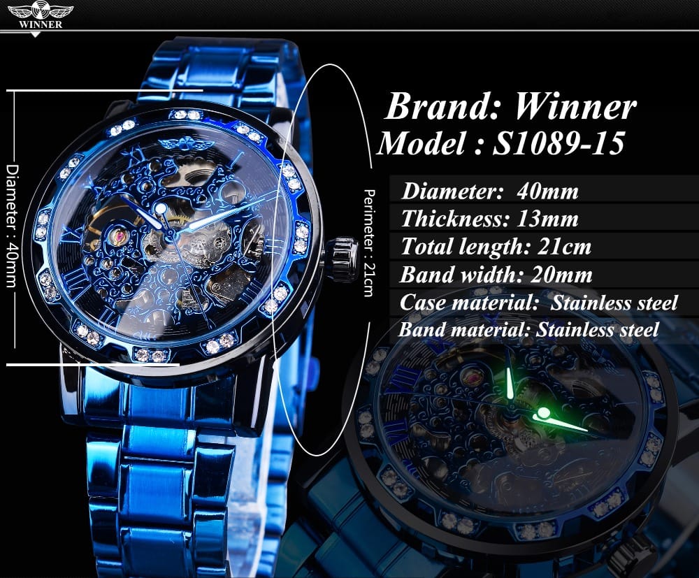 Winner Transparent Diamond Mechanical Watch Blue Stainless Steel Skeleton Watch Top Brand