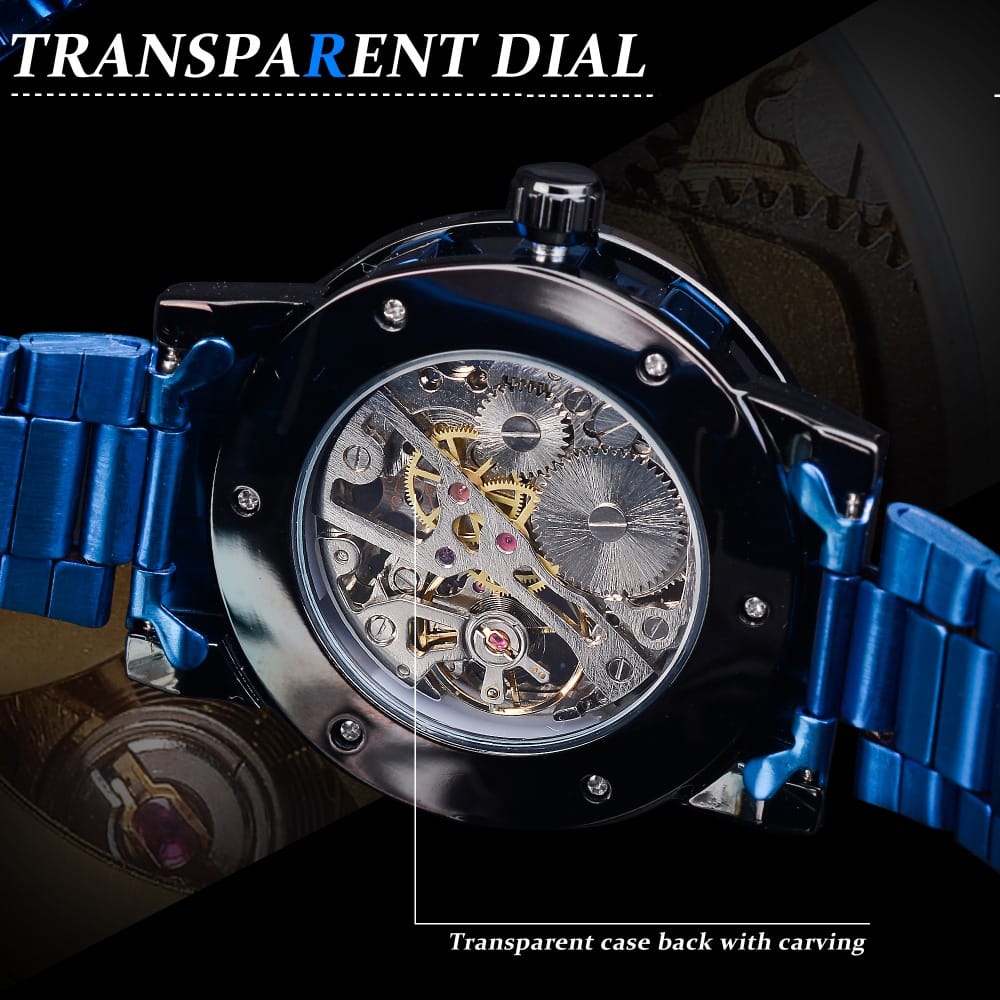 Winner Transparent Diamond Mechanical Watch Blue Stainless Steel Skeleton Watch Top Brand