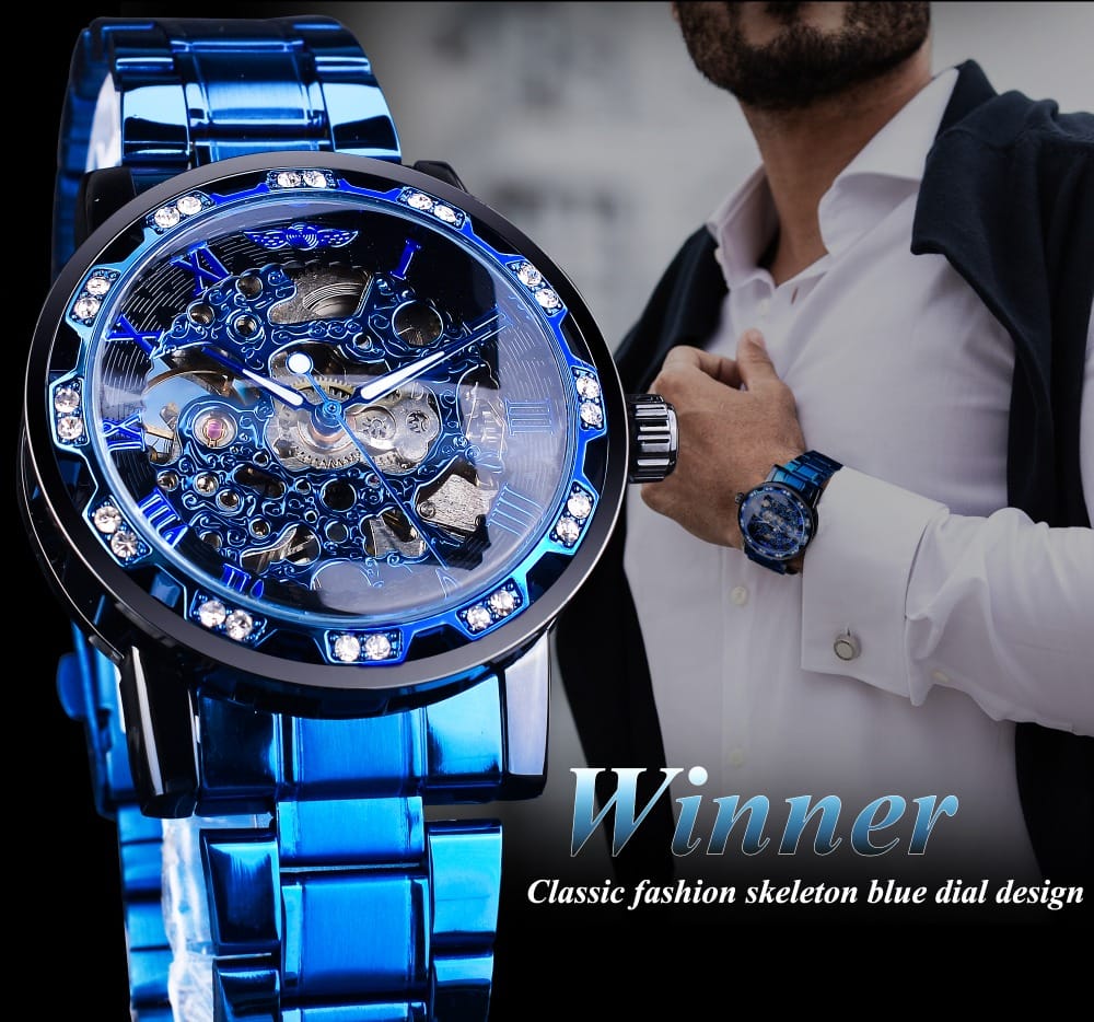 Winner Transparent Diamond Mechanical Watch Blue Stainless Steel Skeleton Watch Top Brand