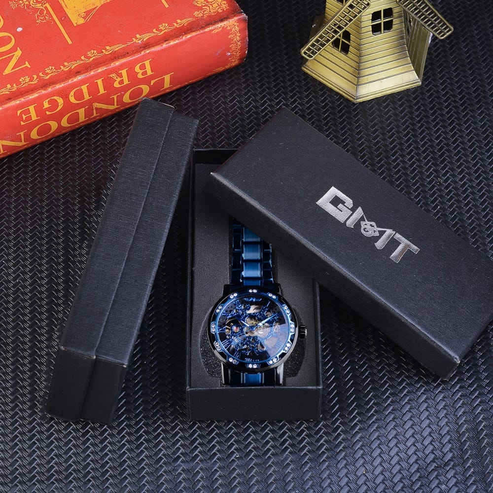 Winner Transparent Diamond Mechanical Watch Blue Stainless Steel Skeleton Watch Top Brand