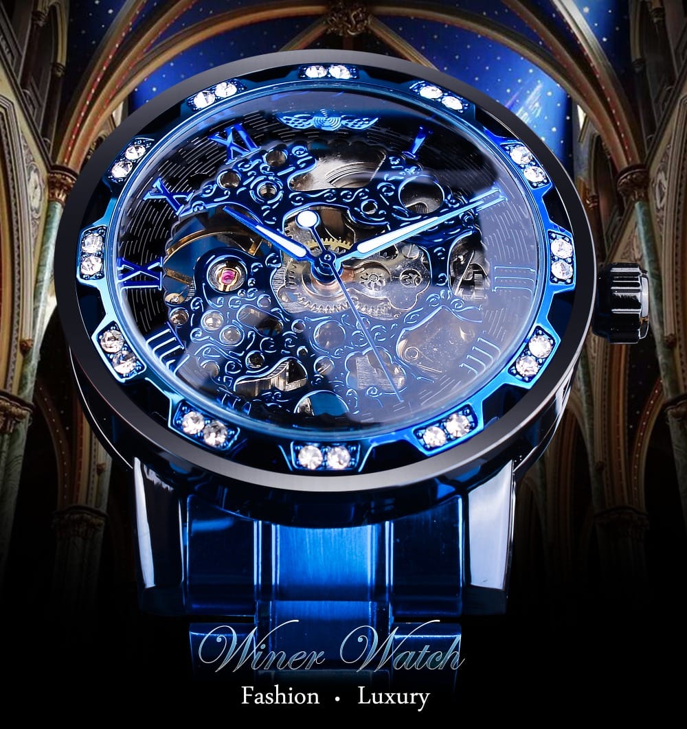 Winner Transparent Diamond Mechanical Watch Blue Stainless Steel Skeleton Watch Top Brand