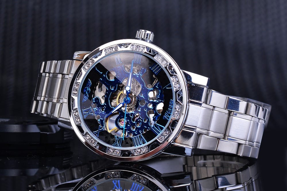 Winner Transparent Diamond Mechanical Watch Blue Stainless Steel Skeleton Watch Top Brand