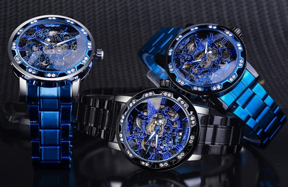 Winner Transparent Diamond Mechanical Watch Blue Stainless Steel Skeleton Watch Top Brand