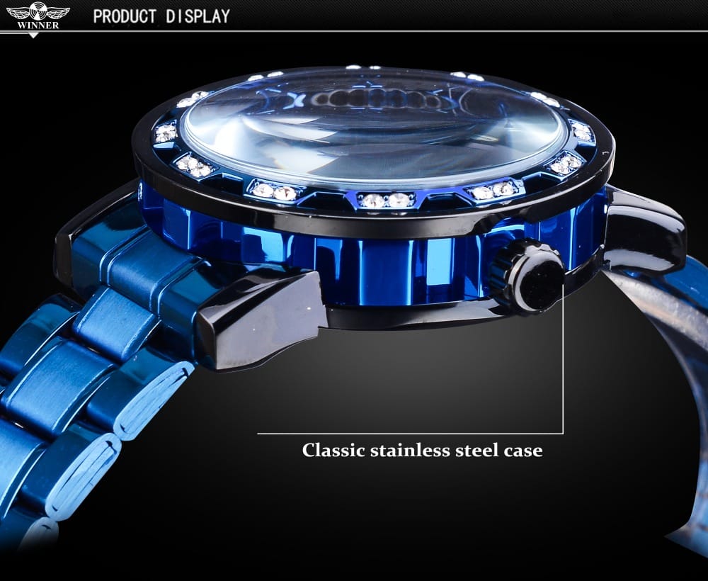 Winner Transparent Diamond Mechanical Watch Blue Stainless Steel Skeleton Watch Top Brand