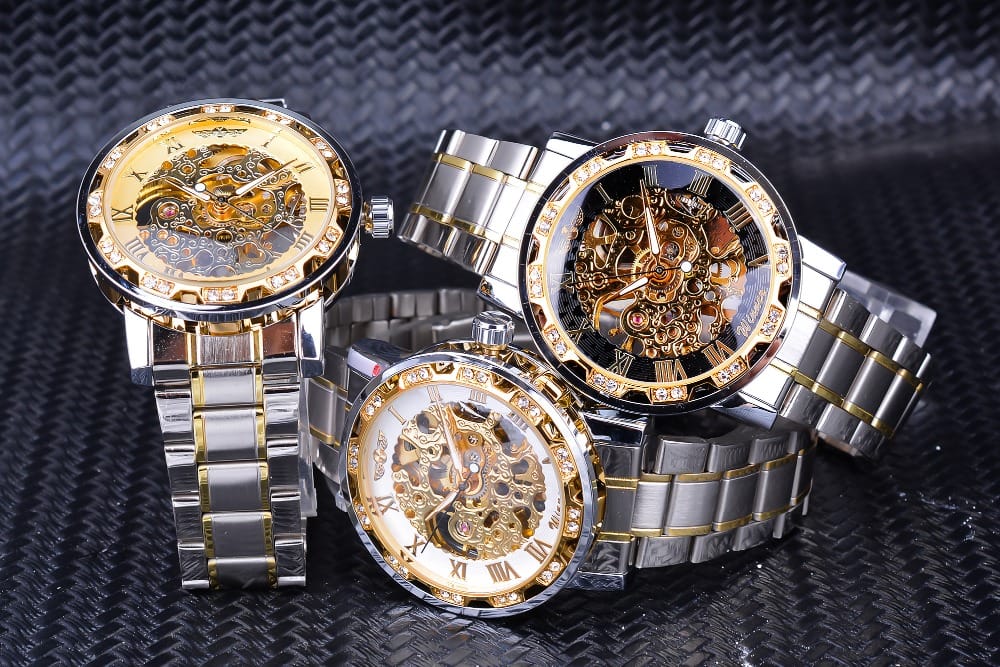 Winner Transparent Diamond Mechanical Watch Blue Stainless Steel Skeleton Watch Top Brand