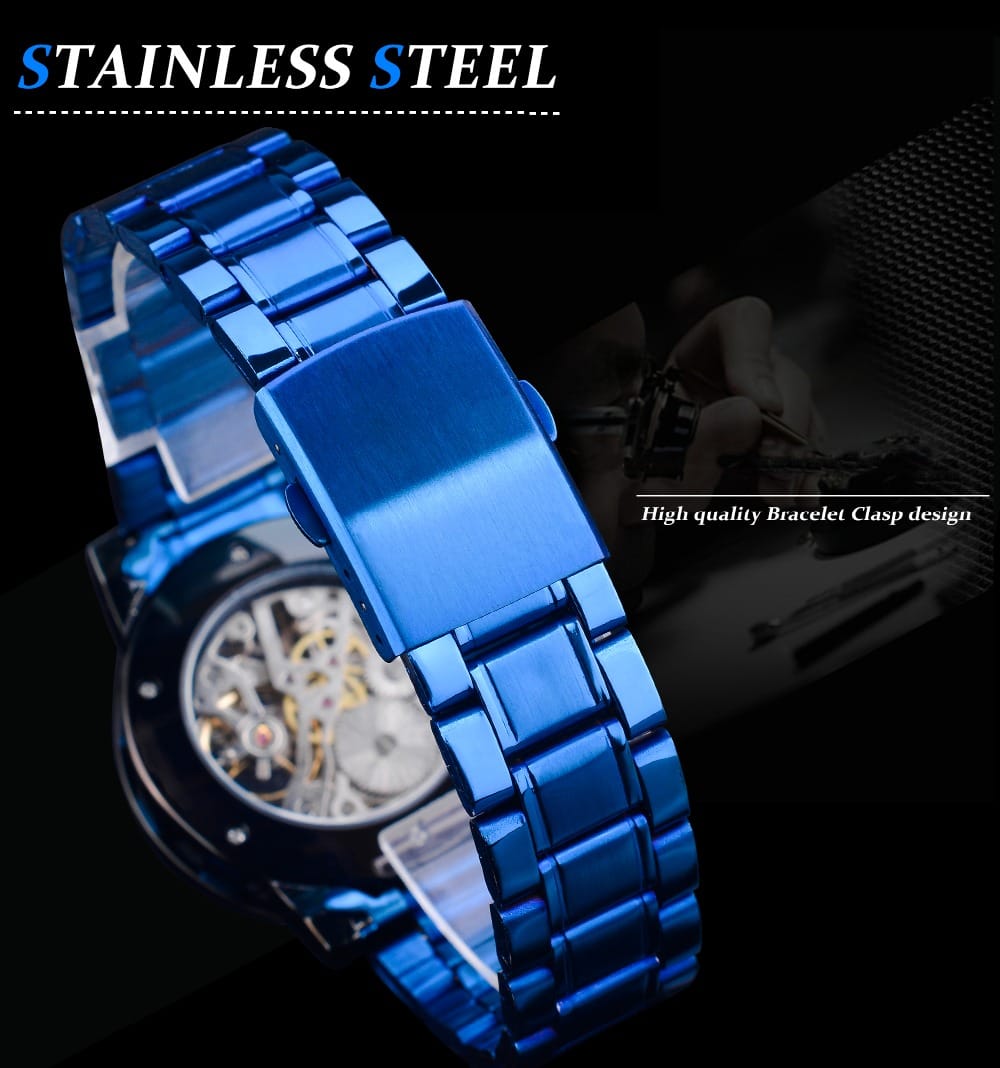 Winner Transparent Diamond Mechanical Watch Blue Stainless Steel Skeleton Watch Top Brand