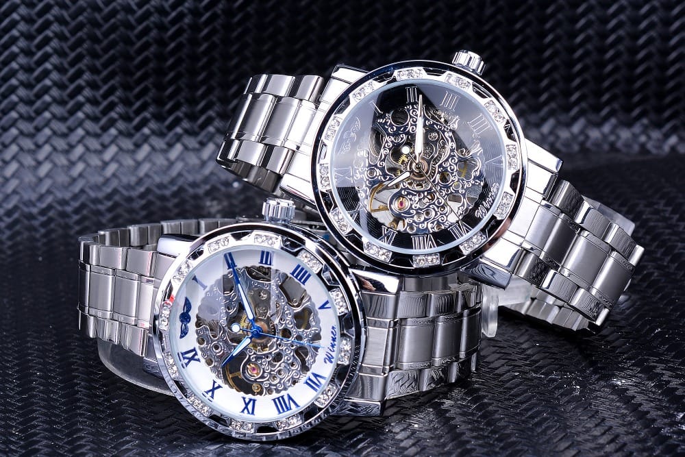 Winner Transparent Diamond Mechanical Watch Blue Stainless Steel Skeleton Watch Top Brand